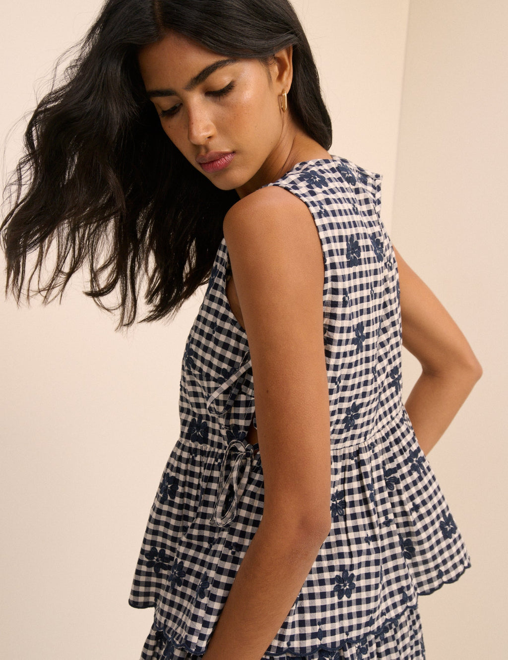 Navy Gingham Side Tie Swing Top