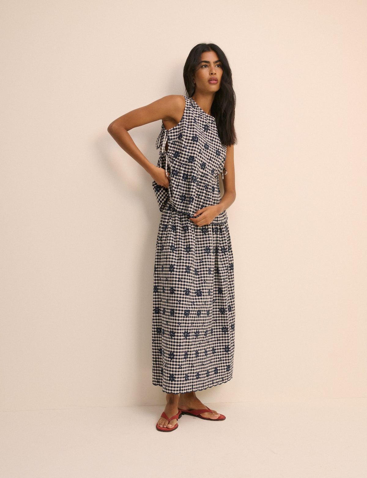 Navy Gingham Side Tie Swing Top