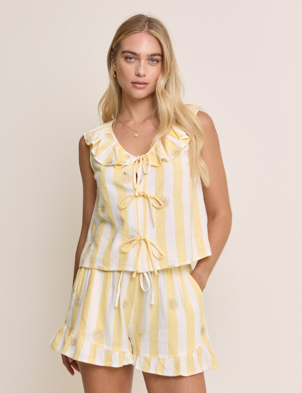 Yellow Striped Linen-Blend Top & Short Set