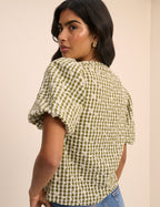 Green Gingham Embroidered Puff Sleeve Top