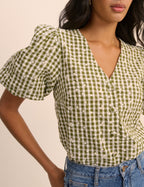 Green Gingham Embroidered Puff Sleeve Top