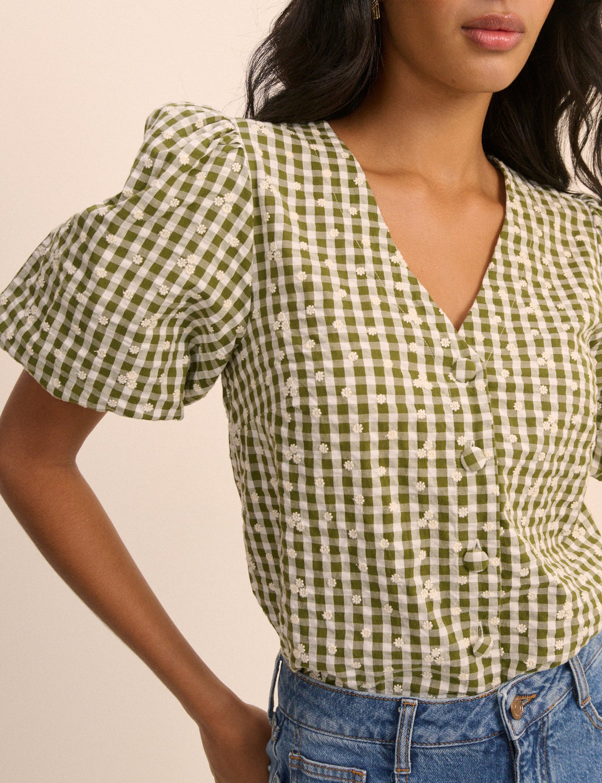 Green Gingham Embroidered Puff Sleeve Top