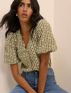 Green Gingham Embroidered Puff Sleeve Top