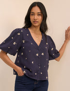 Navy Floral Embroidered Puff Sleeve Top