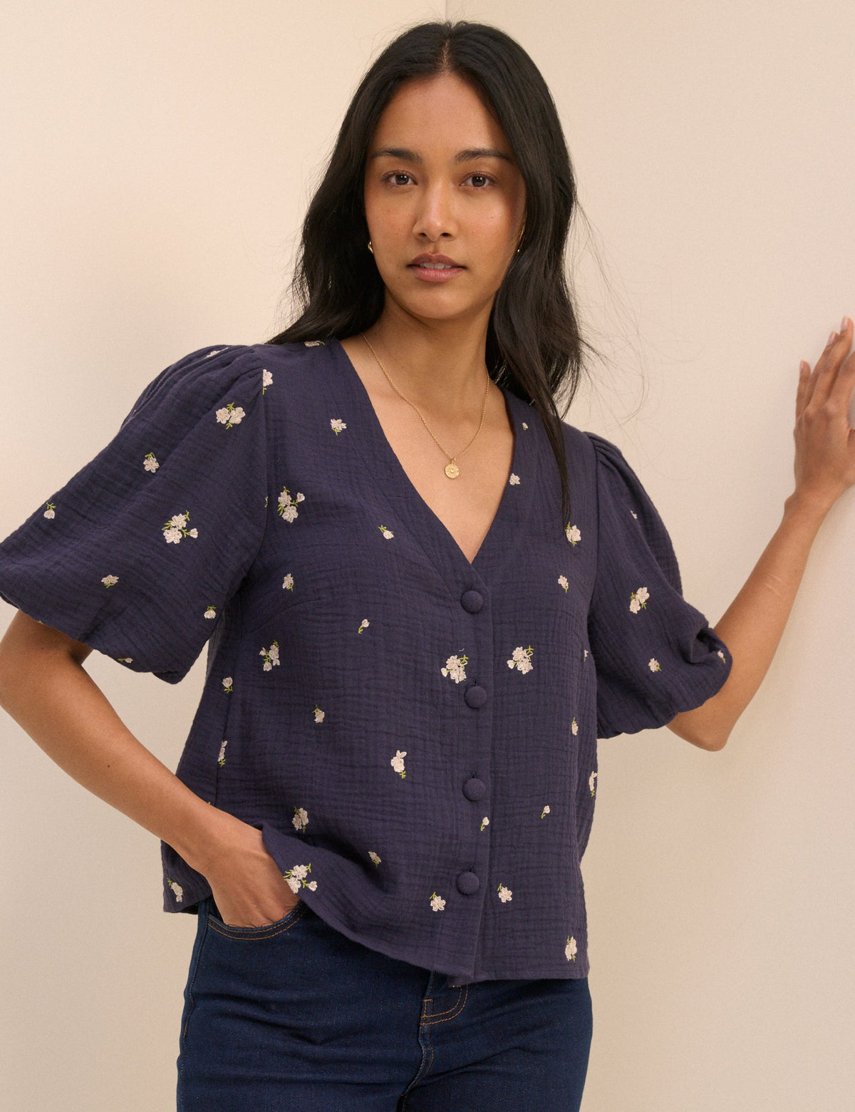 Navy Floral Embroidered Puff Sleeve Top
