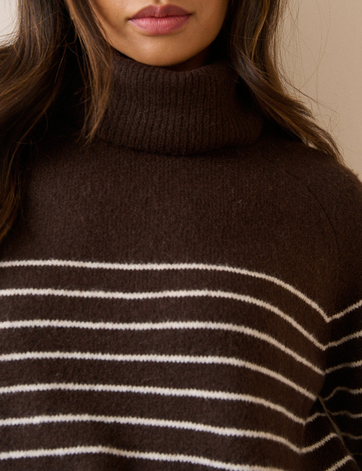 Brown Striped Roll Neck Oversized Jumper