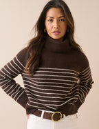 Brown Striped Roll Neck Oversized Jumper