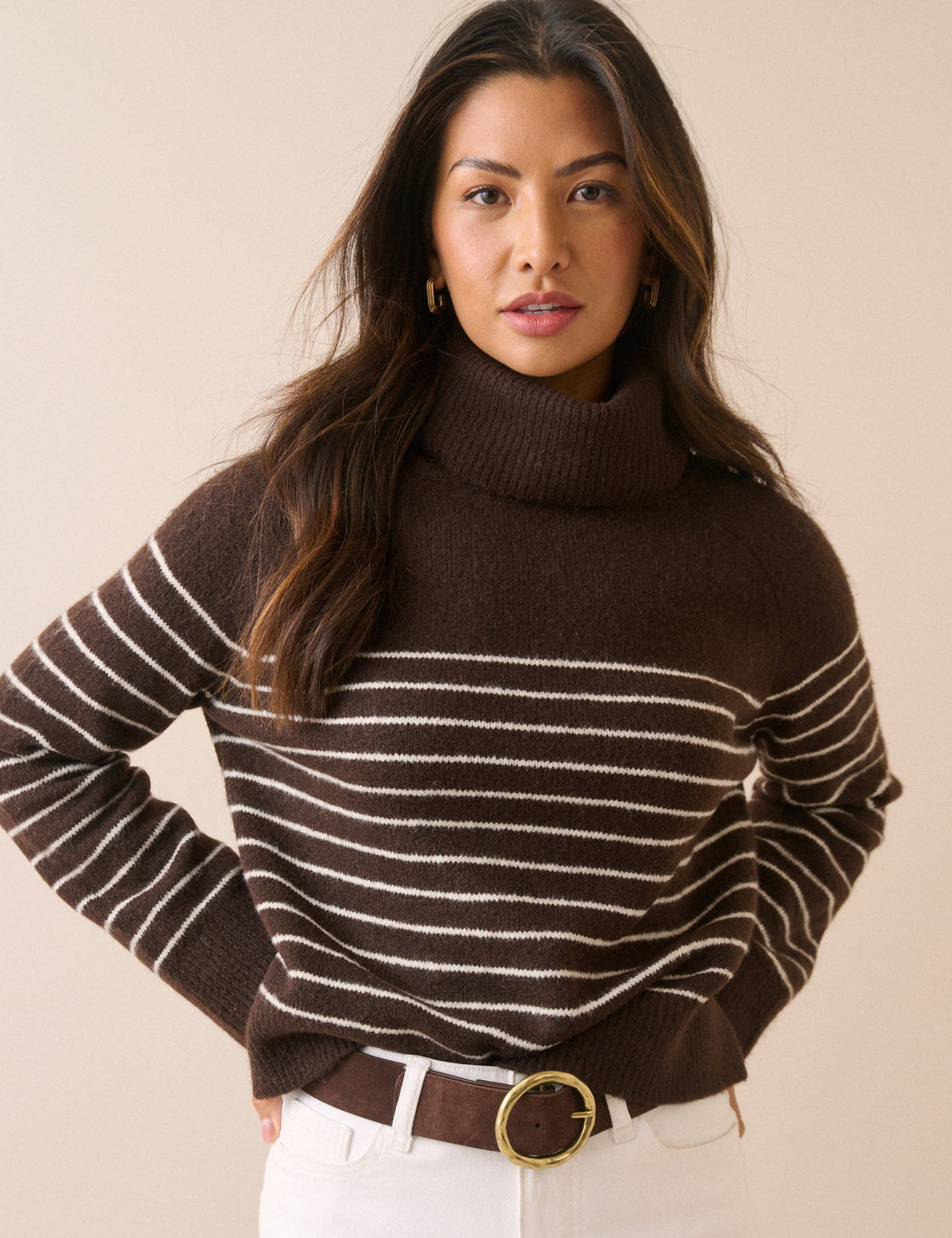 Brown Striped Roll Neck Oversized Jumper