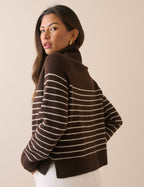 Brown Striped Roll Neck Oversized Jumper
