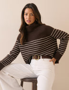 Brown Striped Roll Neck Oversized Jumper