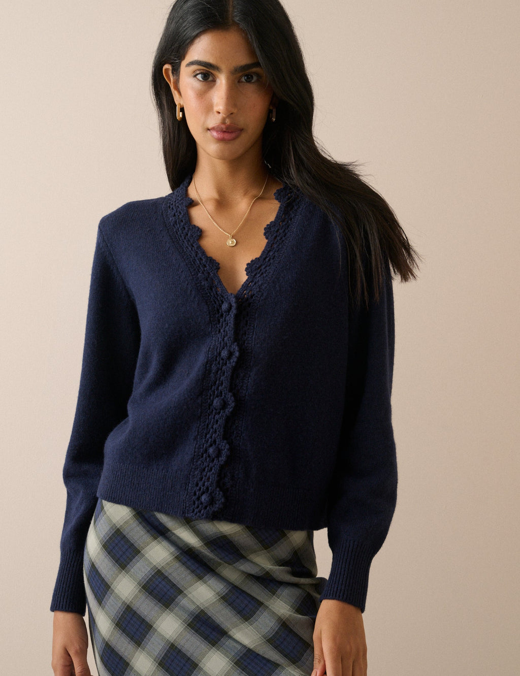 Navy Crochet Trim Wool Blend Elodie Elodie Cardigan