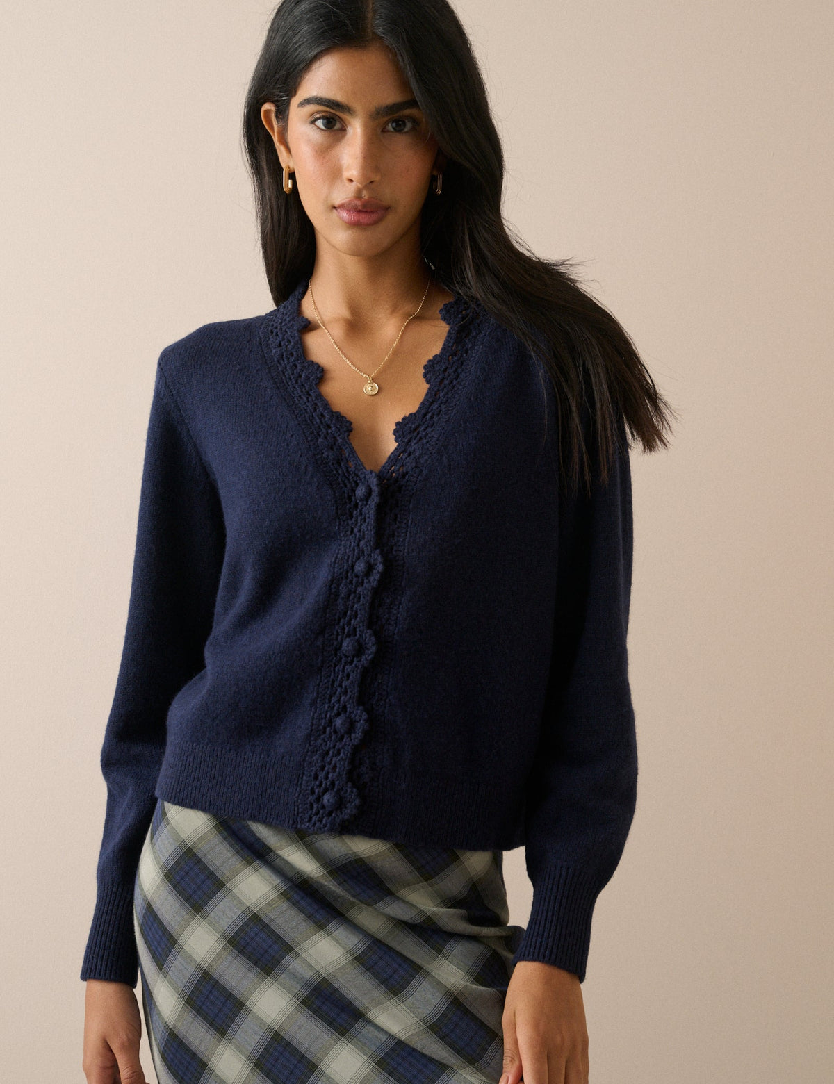 Navy Crochet Trim Wool Blend Elodie Elodie Cardigan