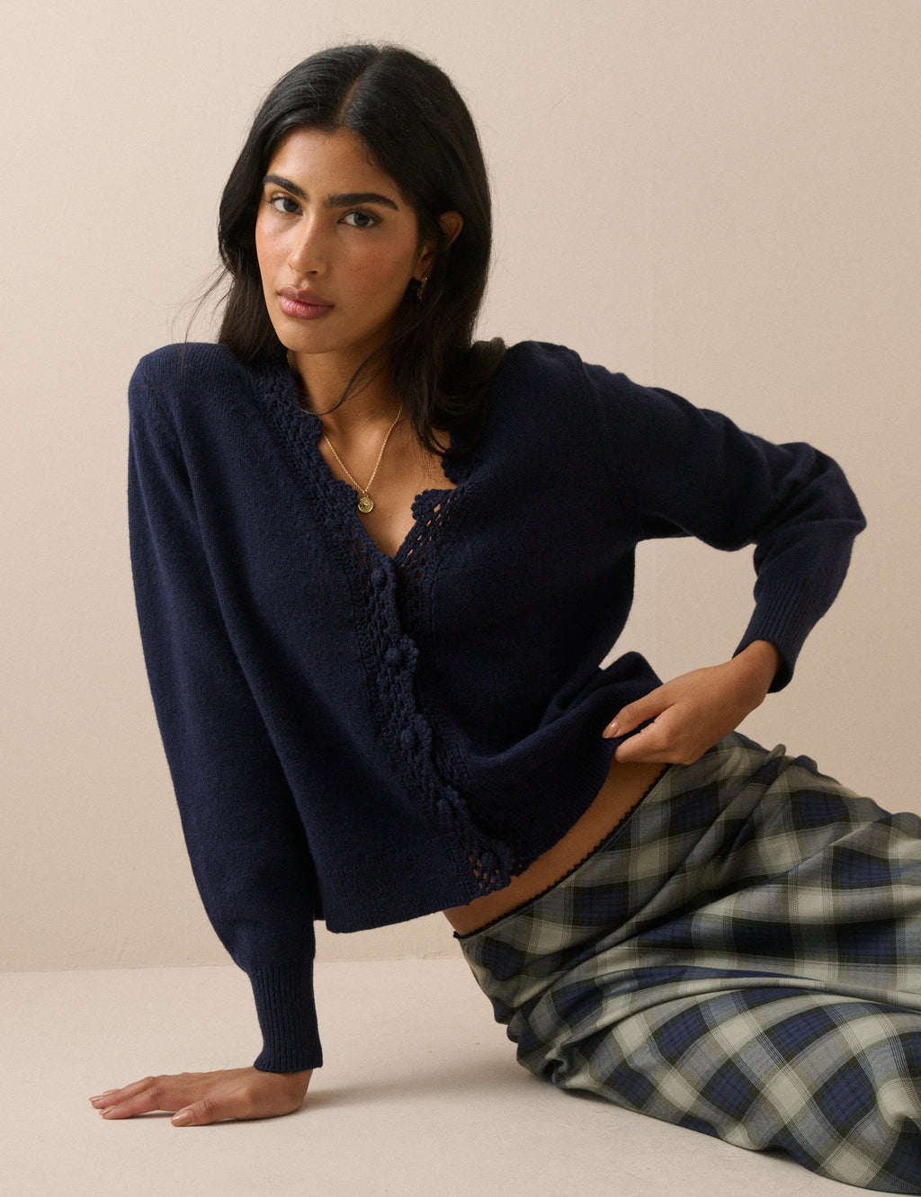 Navy Crochet Trim Wool Blend Elodie Elodie Cardigan