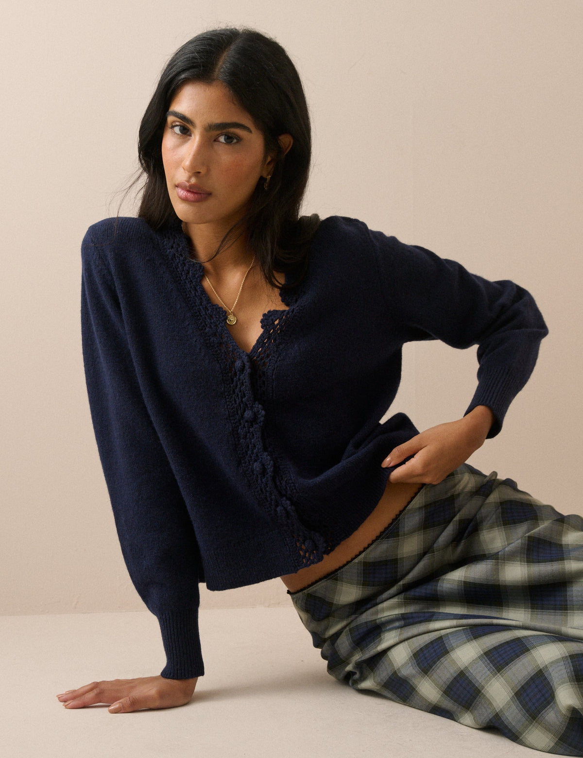 Navy Crochet Trim Wool Blend Elodie Elodie Cardigan