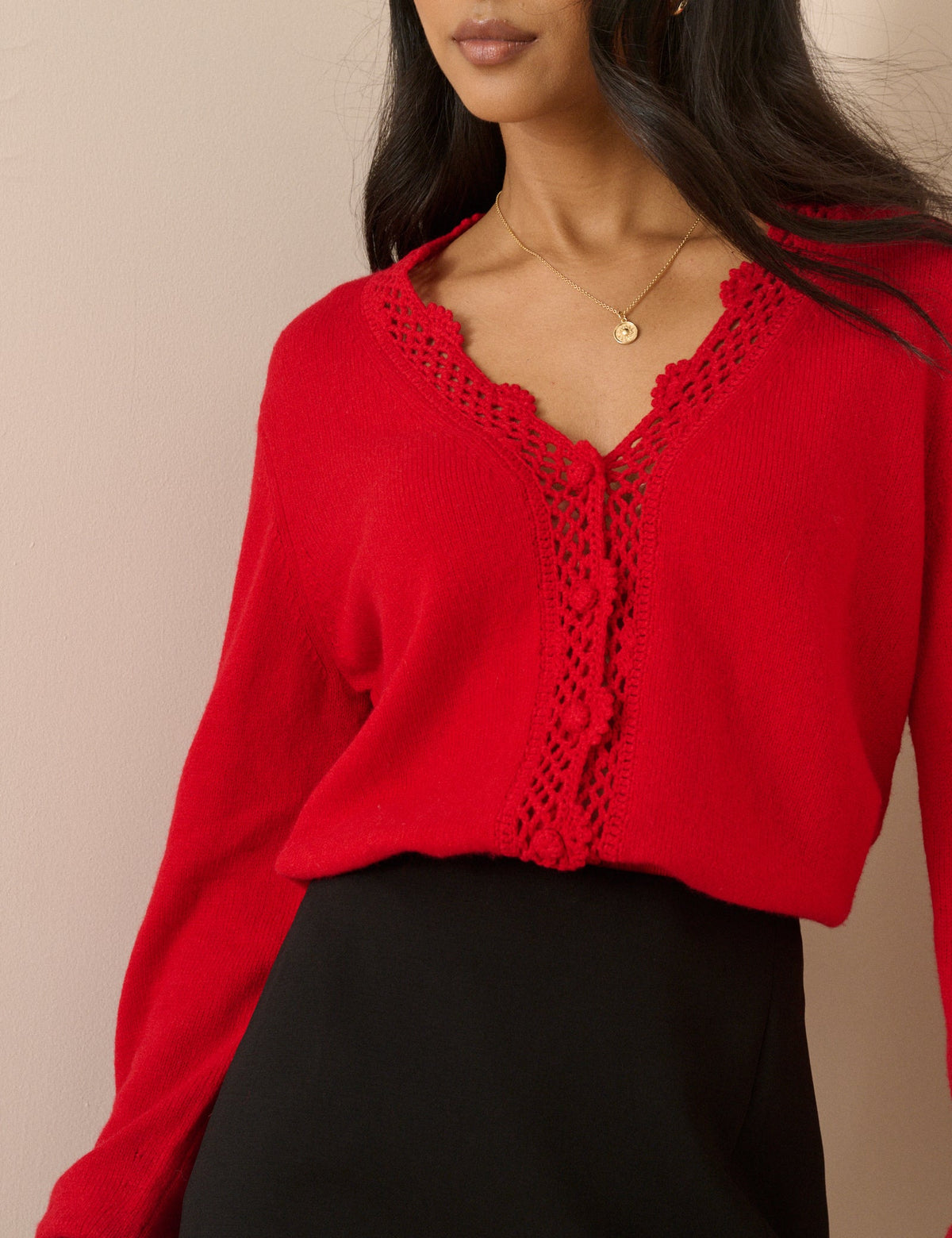 Red Wool Blend Crochet Trim Elodie Cardigan