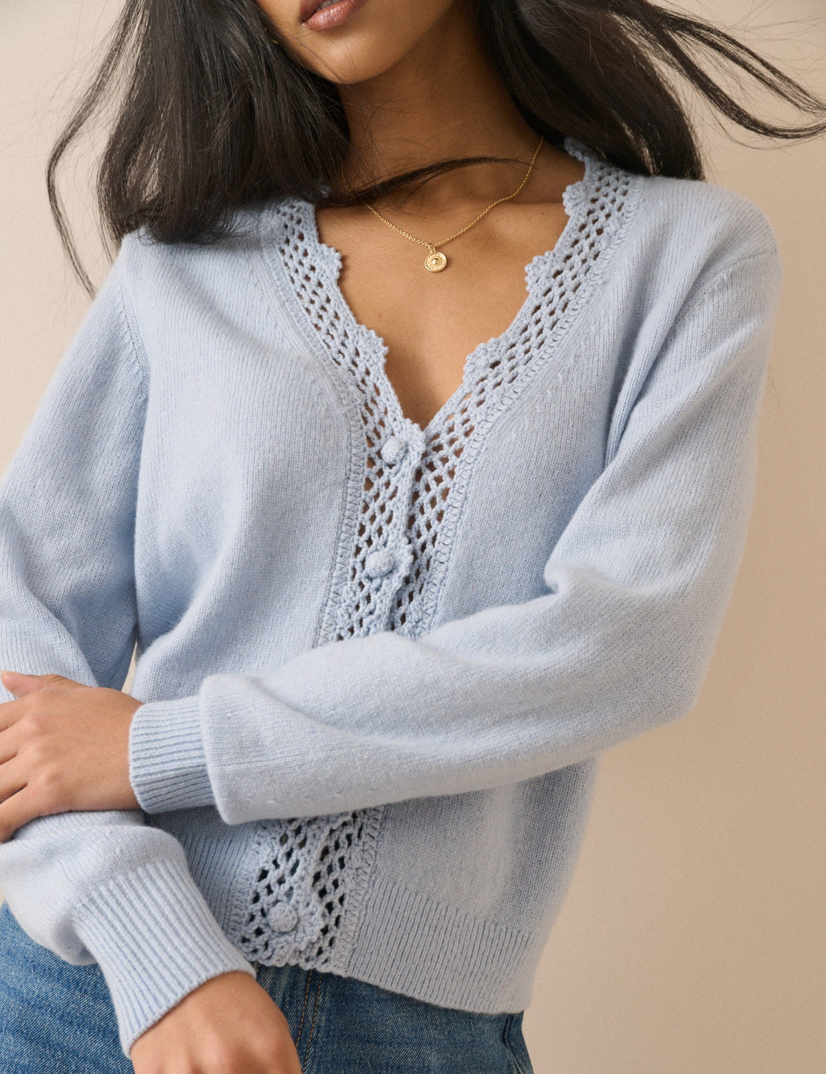 Blue Wool Blend Crochet Trim Elodie Cardigan