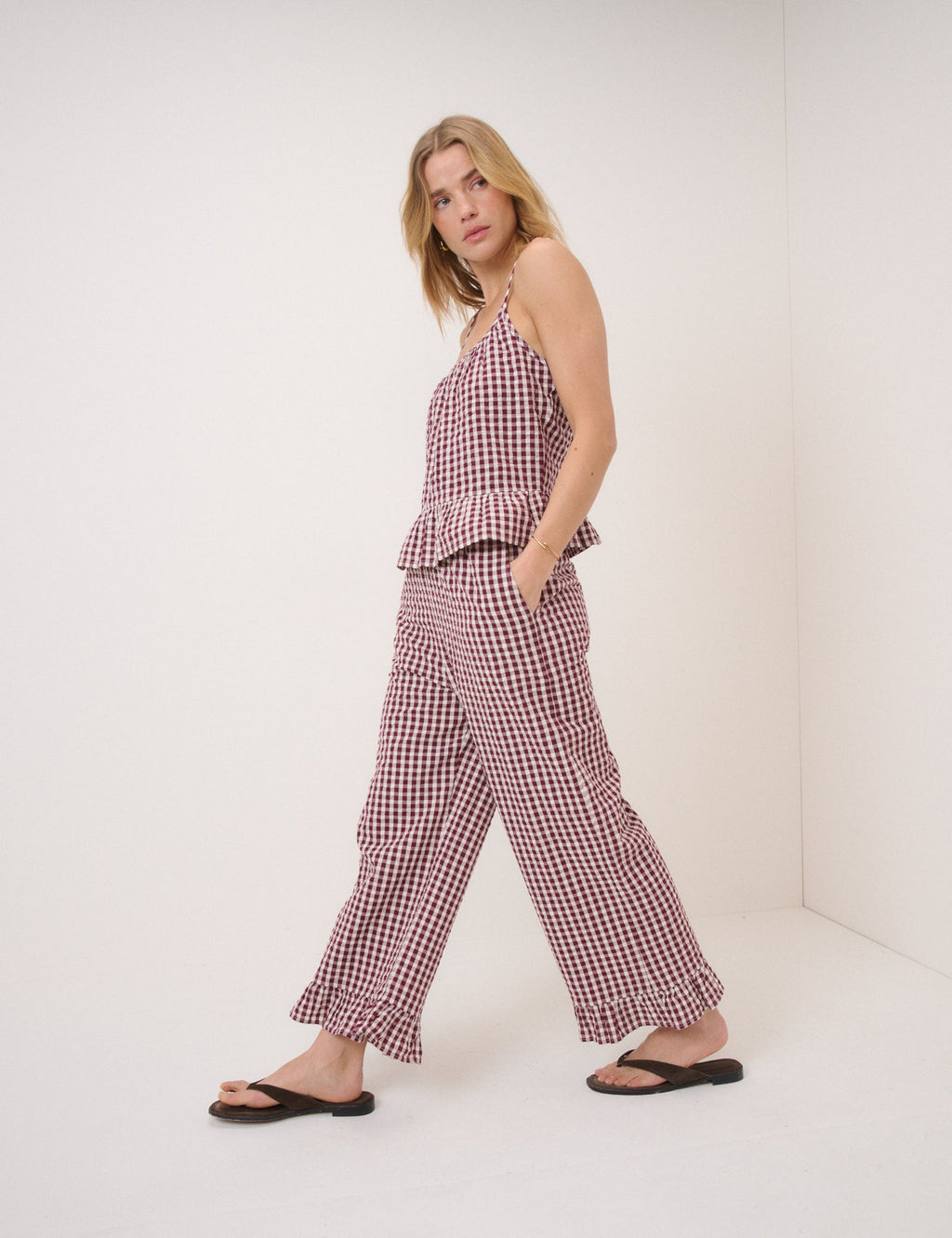 Burgundy Gingham Top & Trousers Set