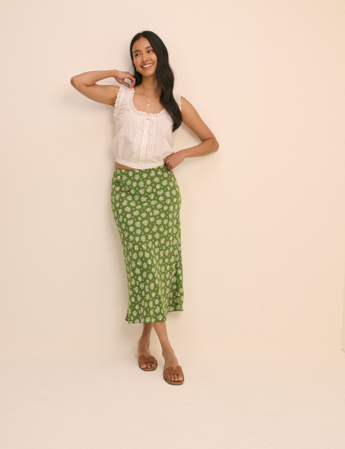 Green Floral Mila Midi Slip Skirt