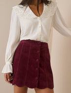 Burgundy Cord Scallop Trim Mini Skirt