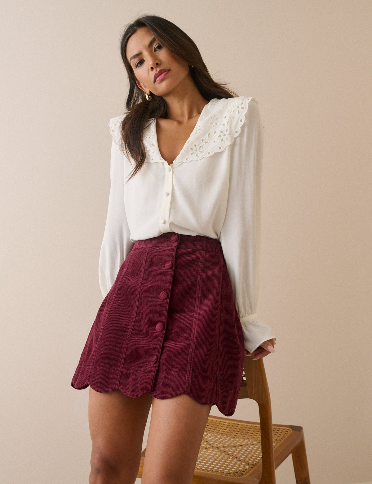 Burgundy Cord Scallop Trim Mini Skirt