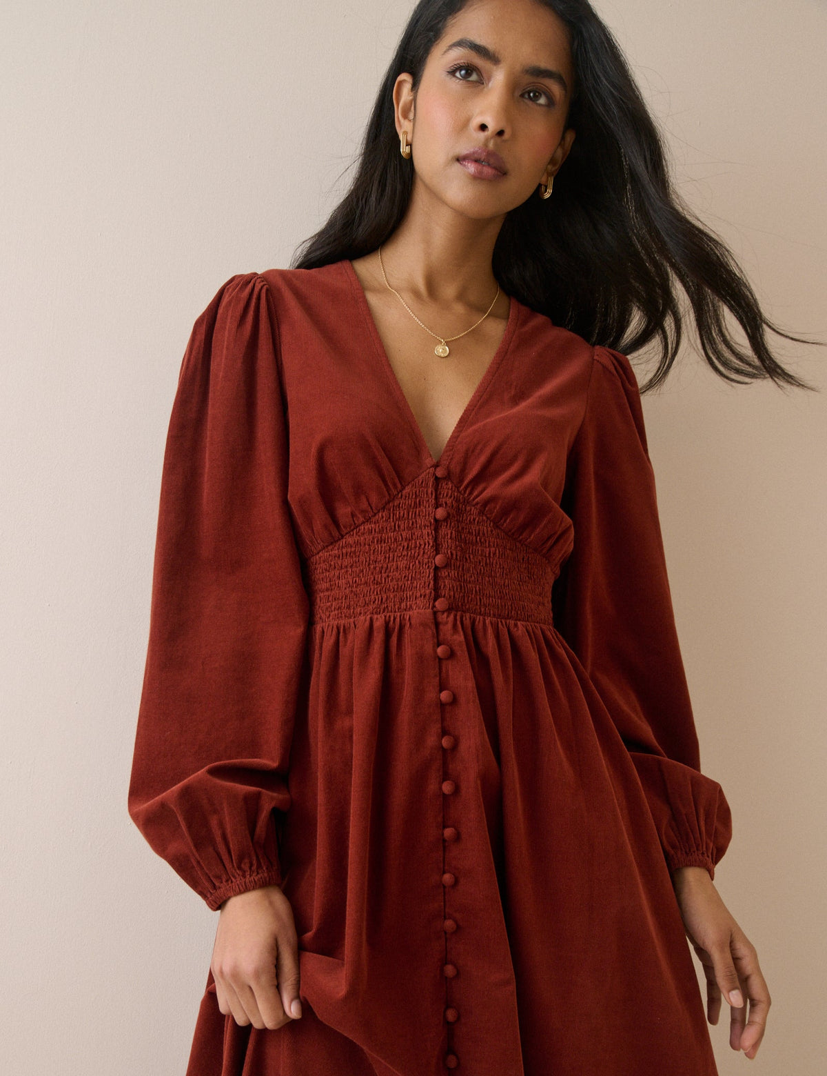 Riley Cord Shirred Waist Midi Dress