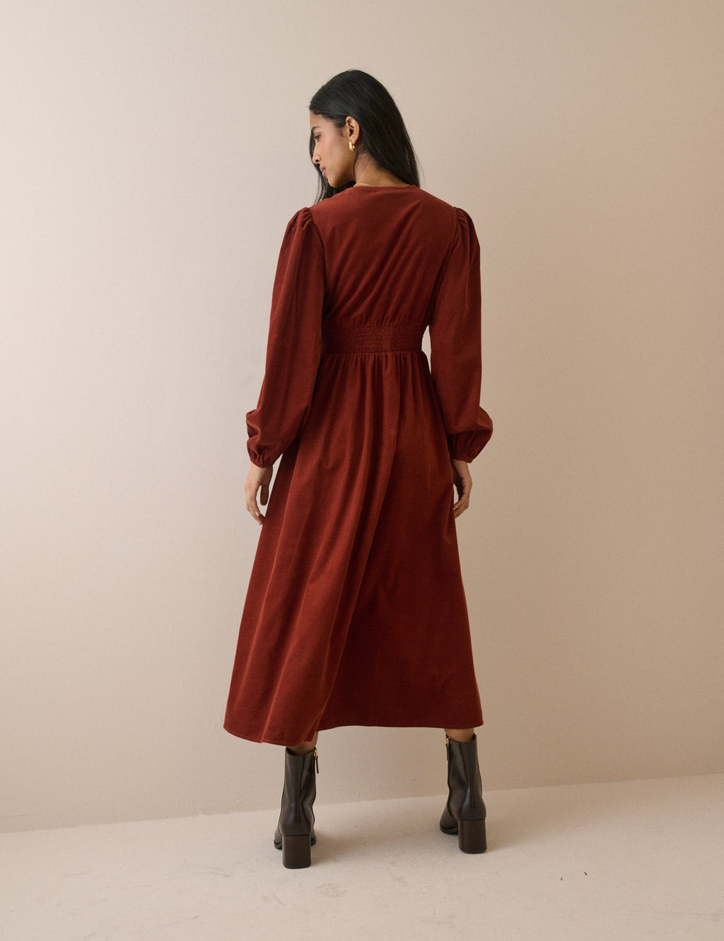 Riley Cord Shirred Waist Midi Dress
