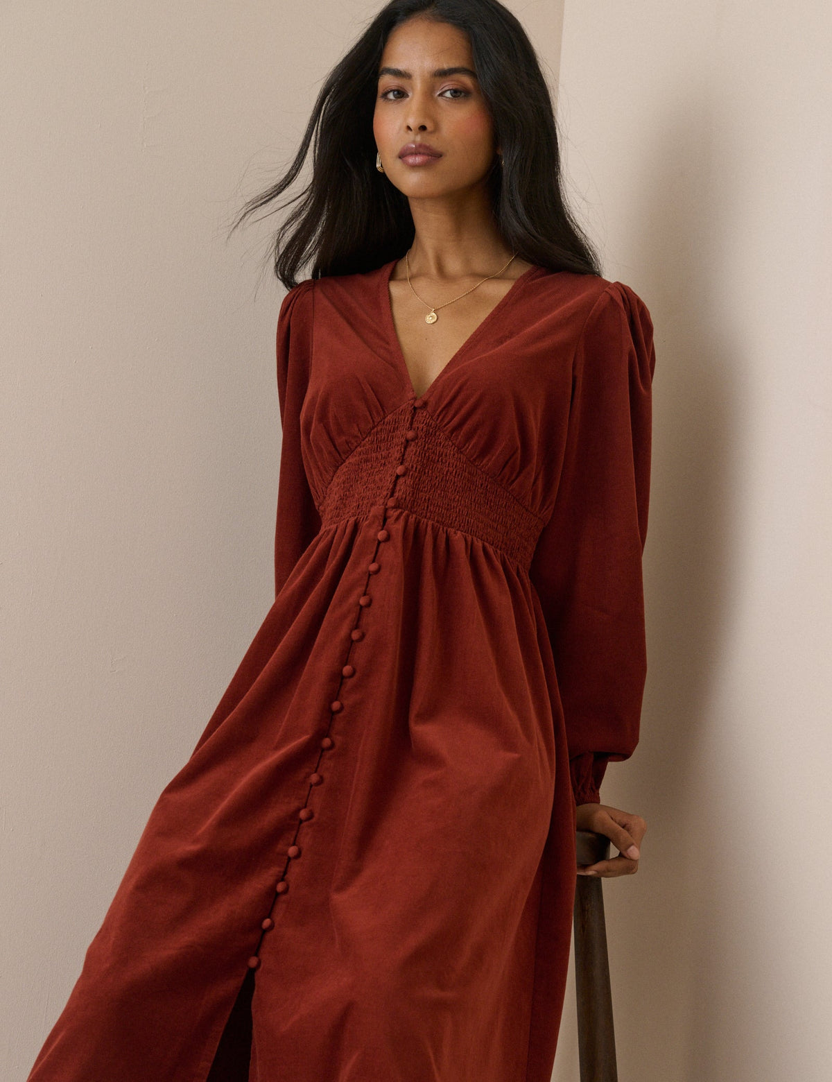 Riley Cord Shirred Waist Midi Dress