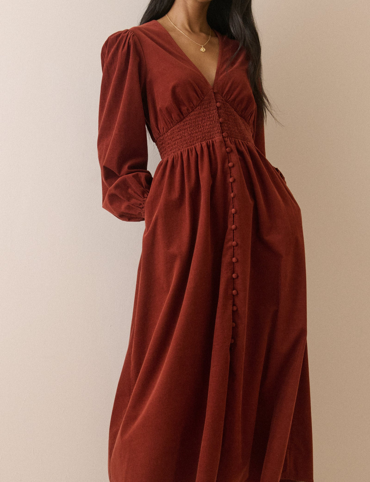 Riley Cord Shirred Waist Midi Dress