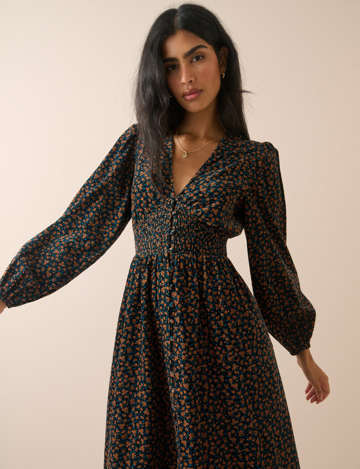Black and Orange Floral Shirred Cord Midi Dress