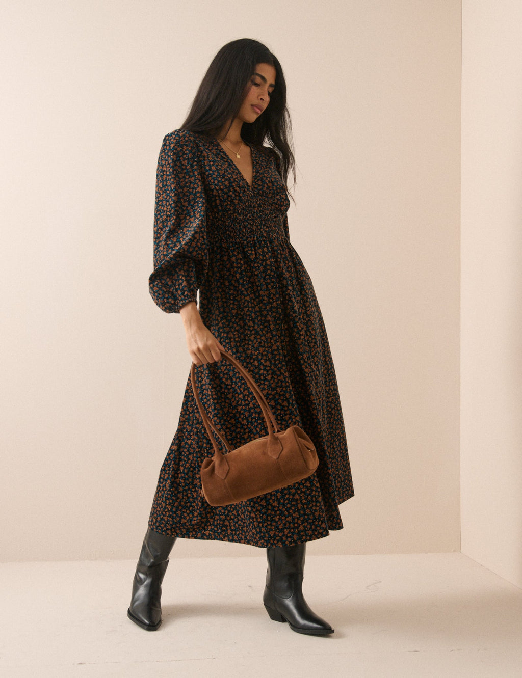 Black and Orange Floral Shirred Cord Midi Dress