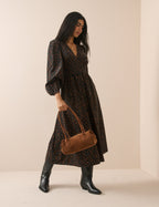 Black and Orange Floral Shirred Cord Midi Dress