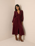 Burgundy Cord Shirred Waist Riley Midi Dress