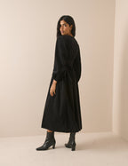 Black Cord Shirred Waist Riley Midi Dress