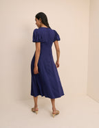 Navy Puff Sleeve Quinn Midi Dress
