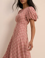 Red Check Puff Sleeve Quinn Midi Dress