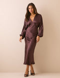 Chocolate Brown V-Neck Satin Allura Midi Dress