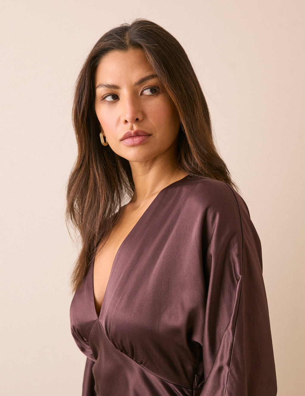 Chocolate Brown V-Neck Satin Allura Midi Dress