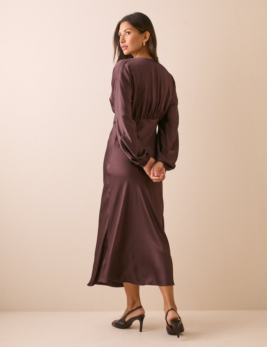 Chocolate Brown V-Neck Satin Allura Midi Dress