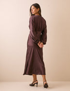 Chocolate Brown V-Neck Satin Allura Midi Dress