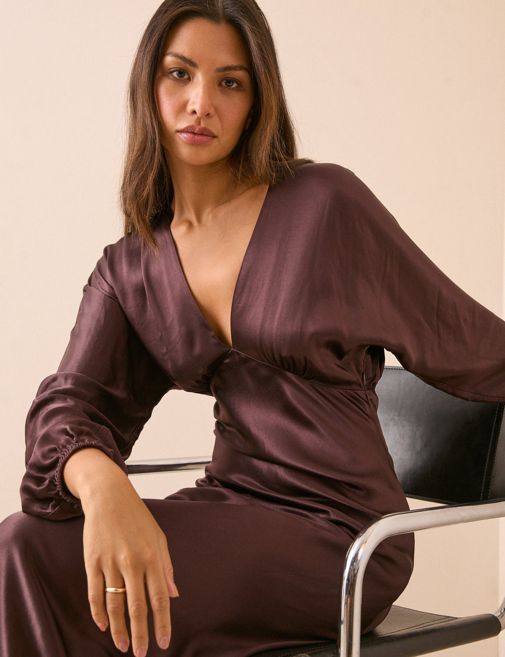 Chocolate Brown V-Neck Satin Allura Midi Dress