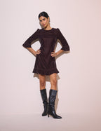 Brown Ruffled Hem Velvet Fleur Mini Dress