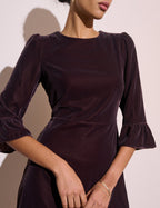 Brown Ruffled Hem Velvet Fleur Mini Dress