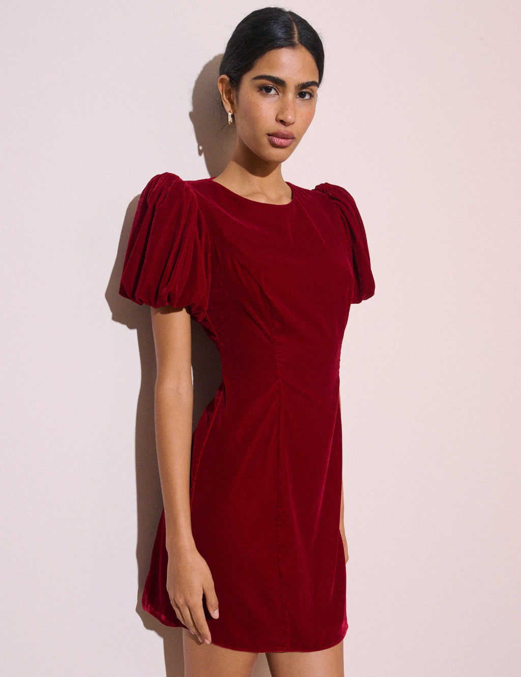Red Puff Sleeve Velvet Boston Mini Dress