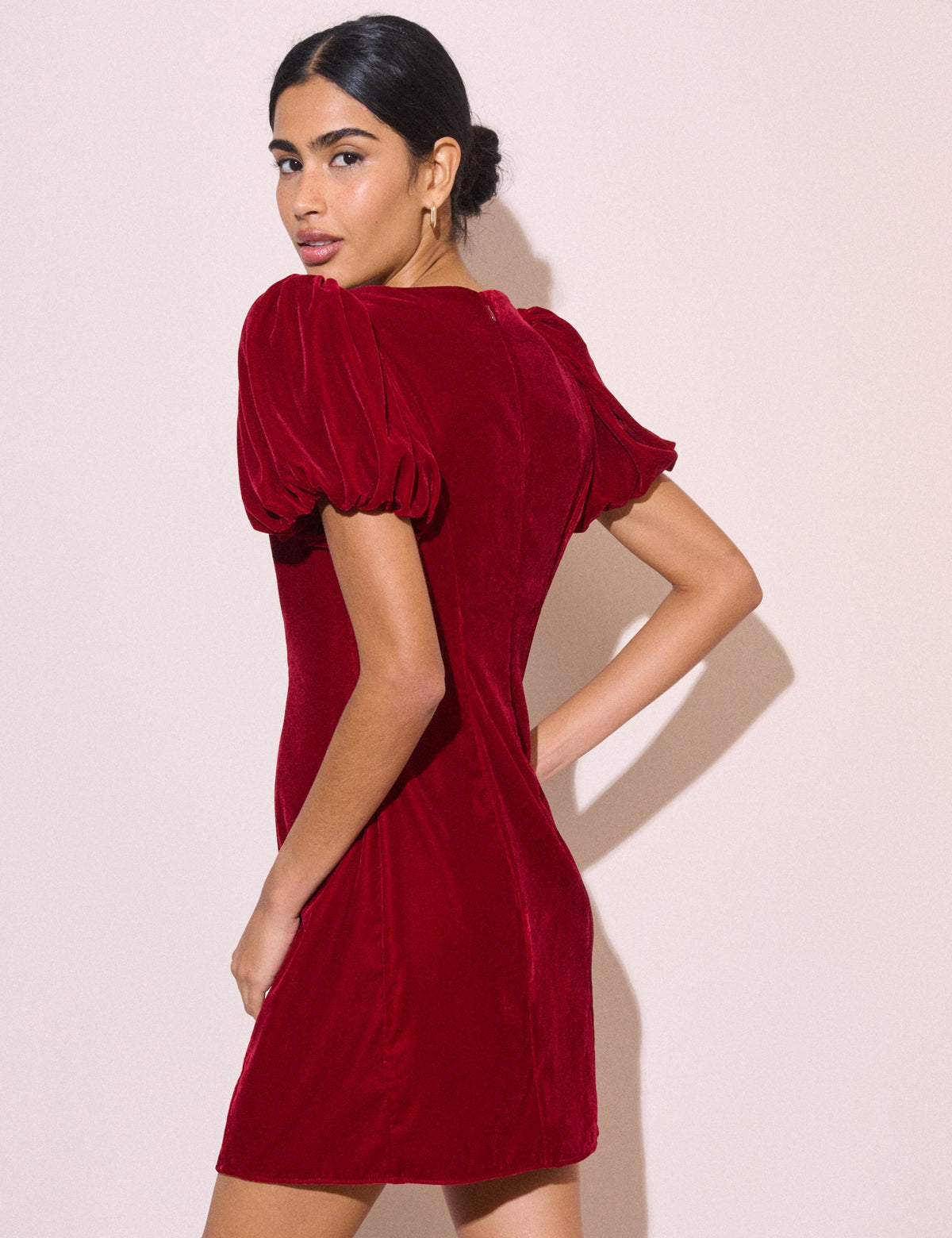 Red Puff Sleeve Velvet Boston Mini Dress