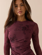 Burgundy Floral Long Sleeve Ruched Tammy Midi Dress