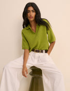 Green Open Collar Polo Knitted Top
