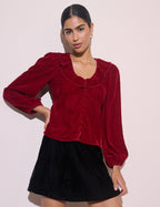 Red Frill Collared Velvet Blouse