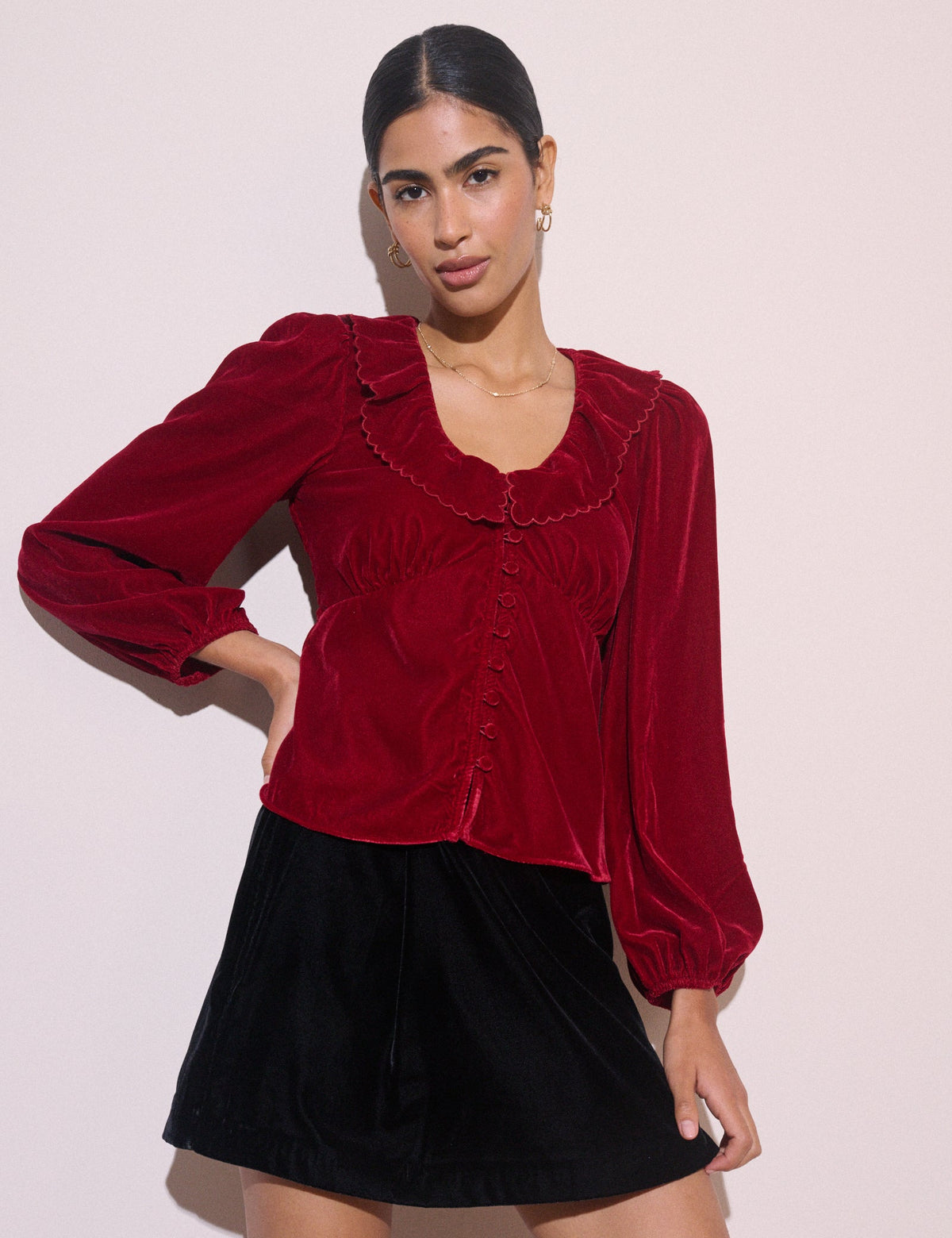 Red Frill Collared Velvet Blouse