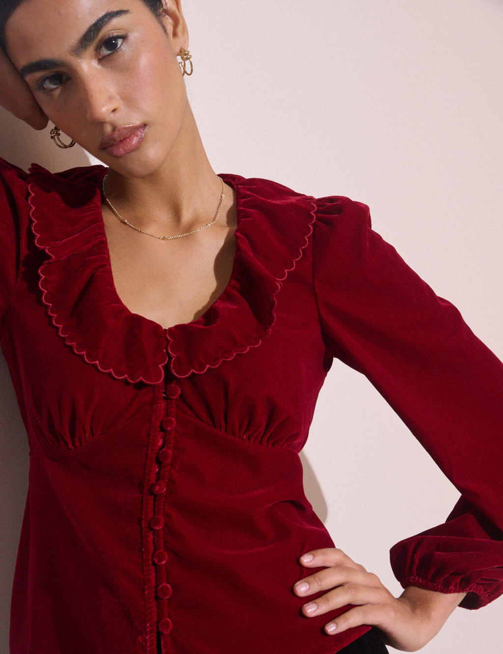 Red Frill Collared Velvet Blouse