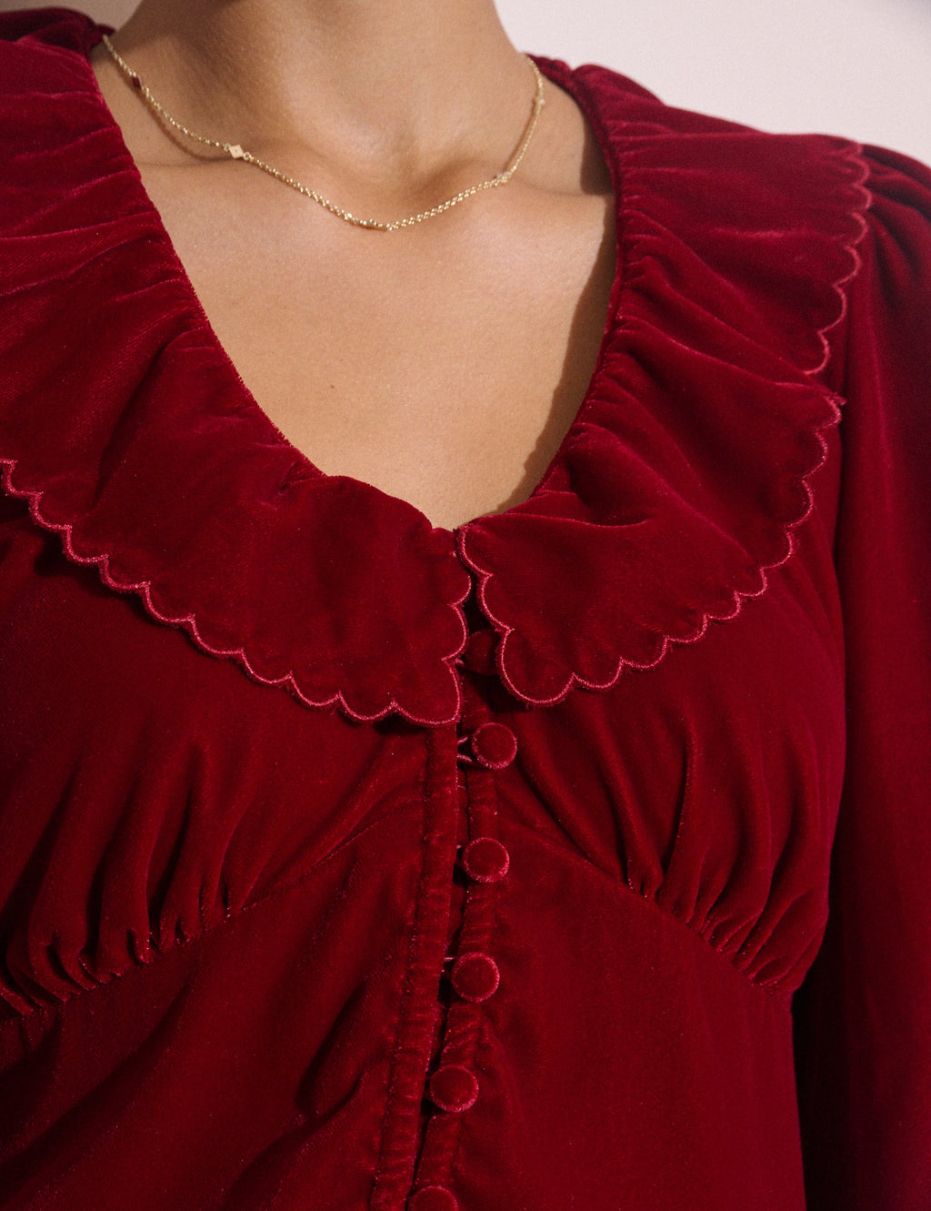 Red Frill Collared Velvet Blouse